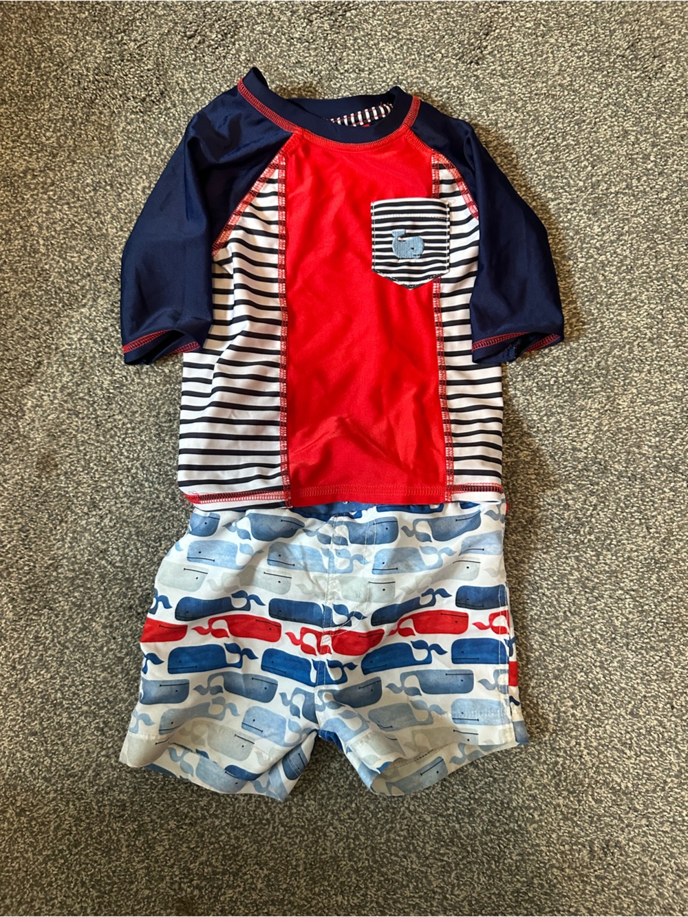 Mud Pie Red, Navy & Light Blue Whale Print Kids One-Piece Swim